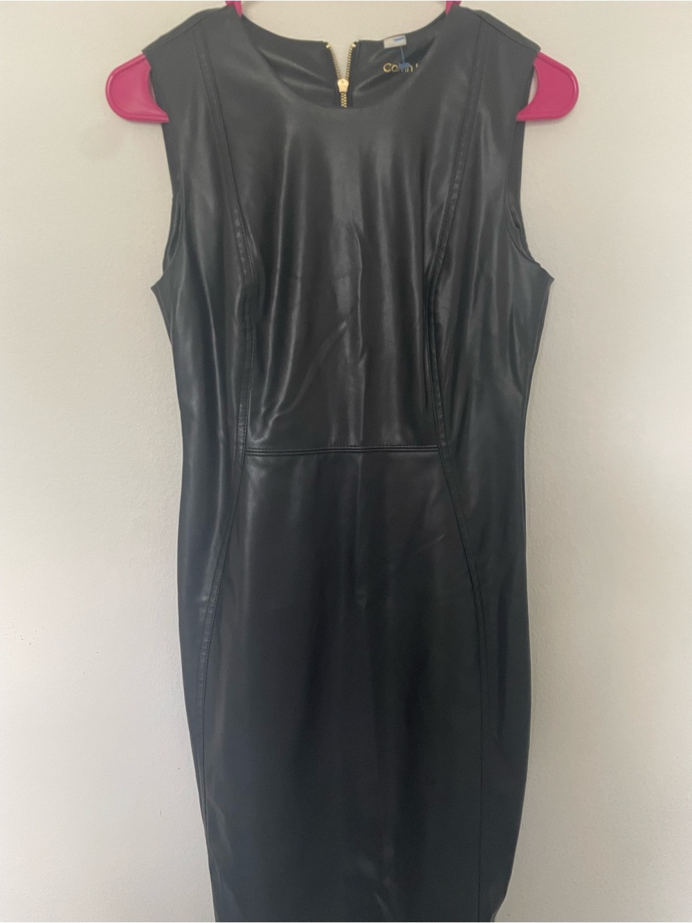 Calvin Klein Black Faux-Leather Sheath Dress with Gold Zip